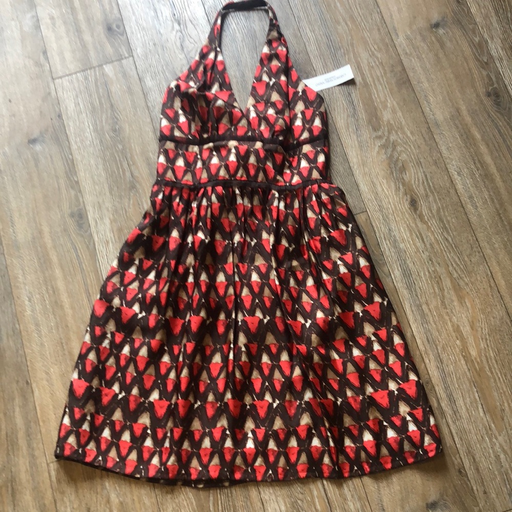 NWT Carmen Marc Valvo Silk Stylish Red and Brown Halter Dress Size 8